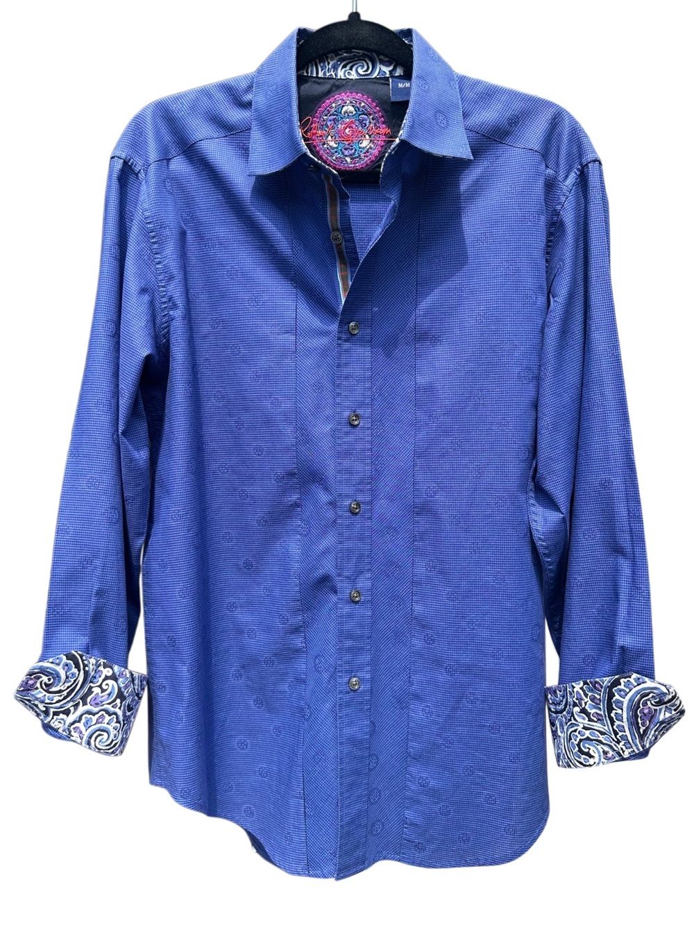 Robert Graham Mens M Blue Button Front Shirt Paisley Contrast Cuffs Cotton Silk